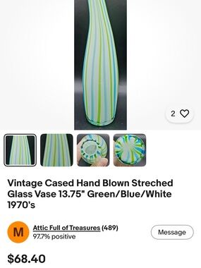Versace Green Blue White Striped Glass Art Vase